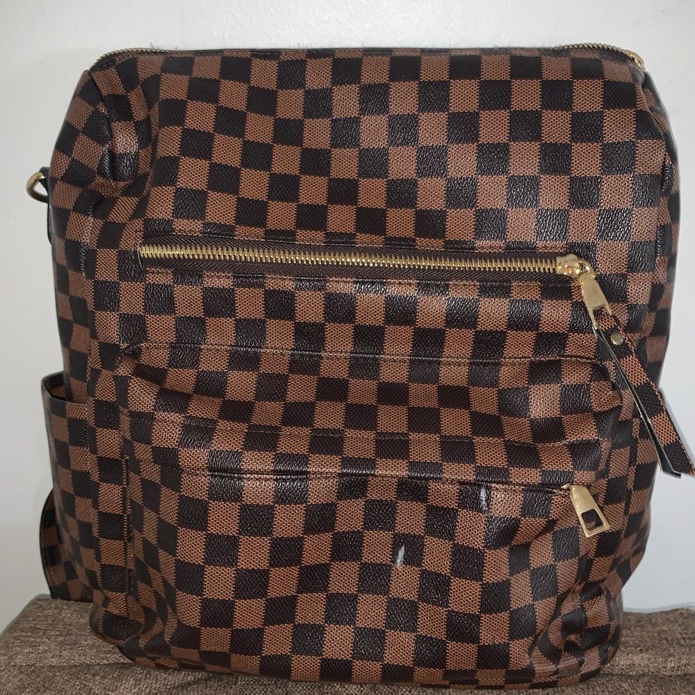 Leather Brown Checkered Backpack